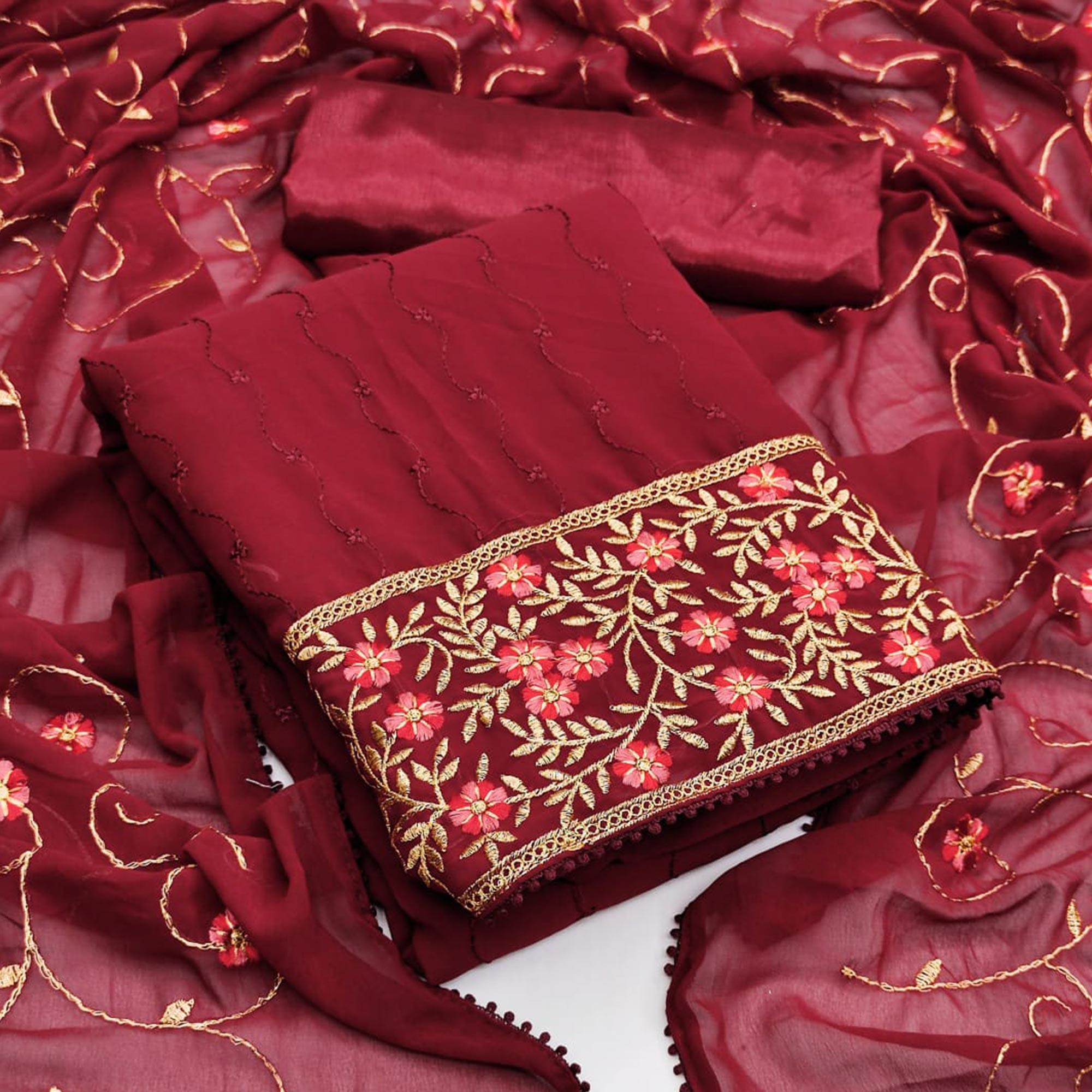 Maroon Casual Wear Floral Embroidered Georgette Dress Material - Peachmode