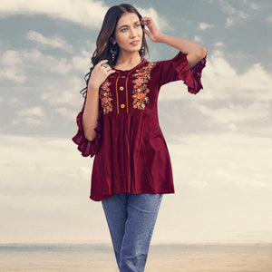 Maroon Casual Wear Floral Embroidered Rayon Top - Peachmode