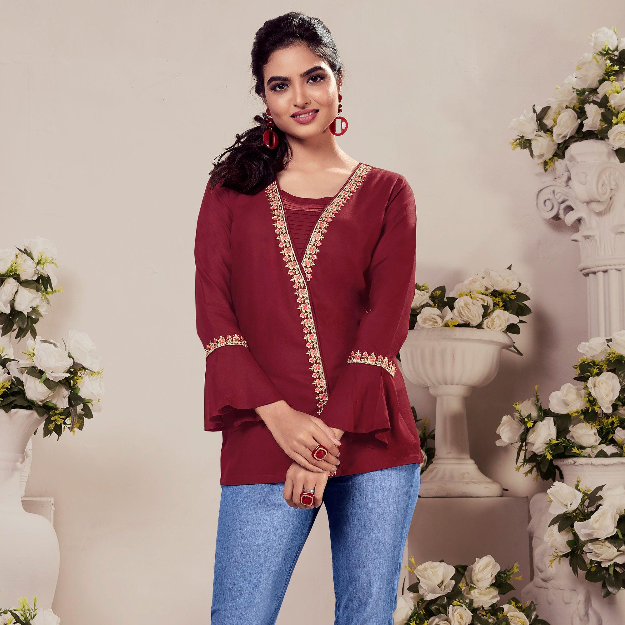 Maroon Casual Wear Floral Embroidered Rayon Top - Peachmode