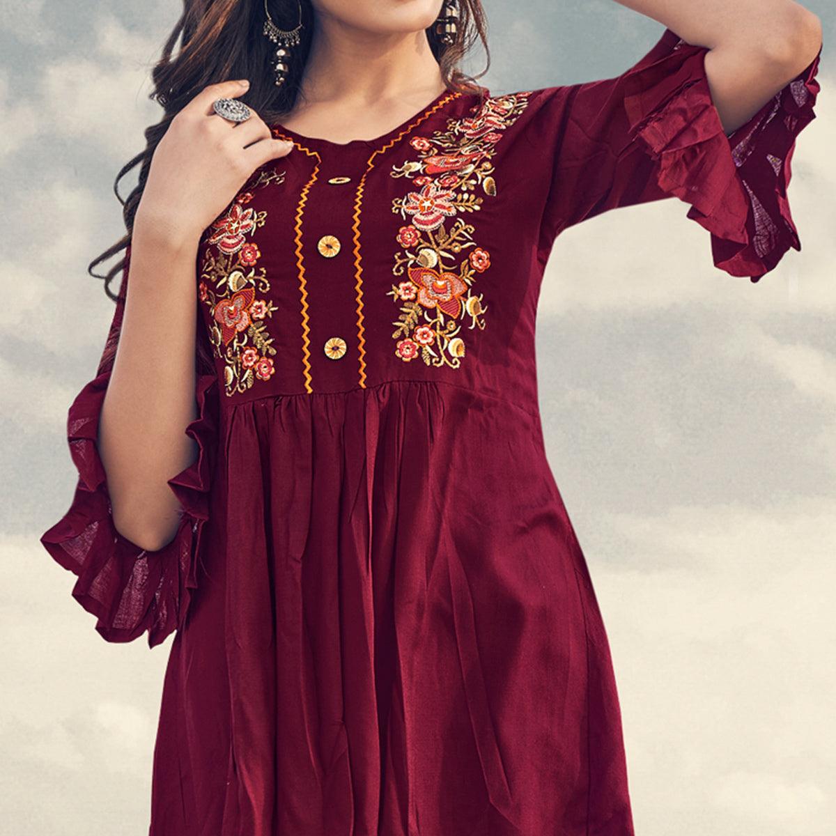 Maroon Casual Wear Floral Embroidered Rayon Top - Peachmode