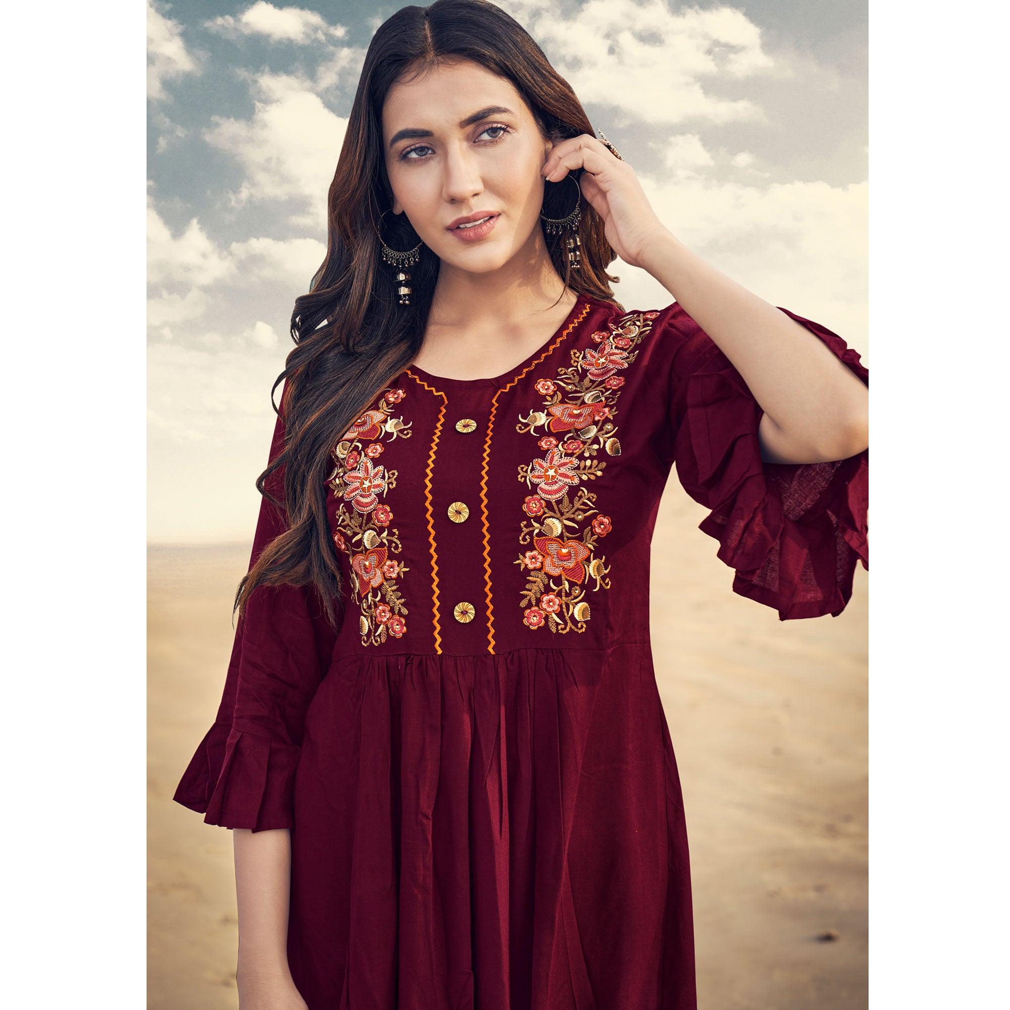 Maroon Casual Wear Floral Embroidered Rayon Top - Peachmode