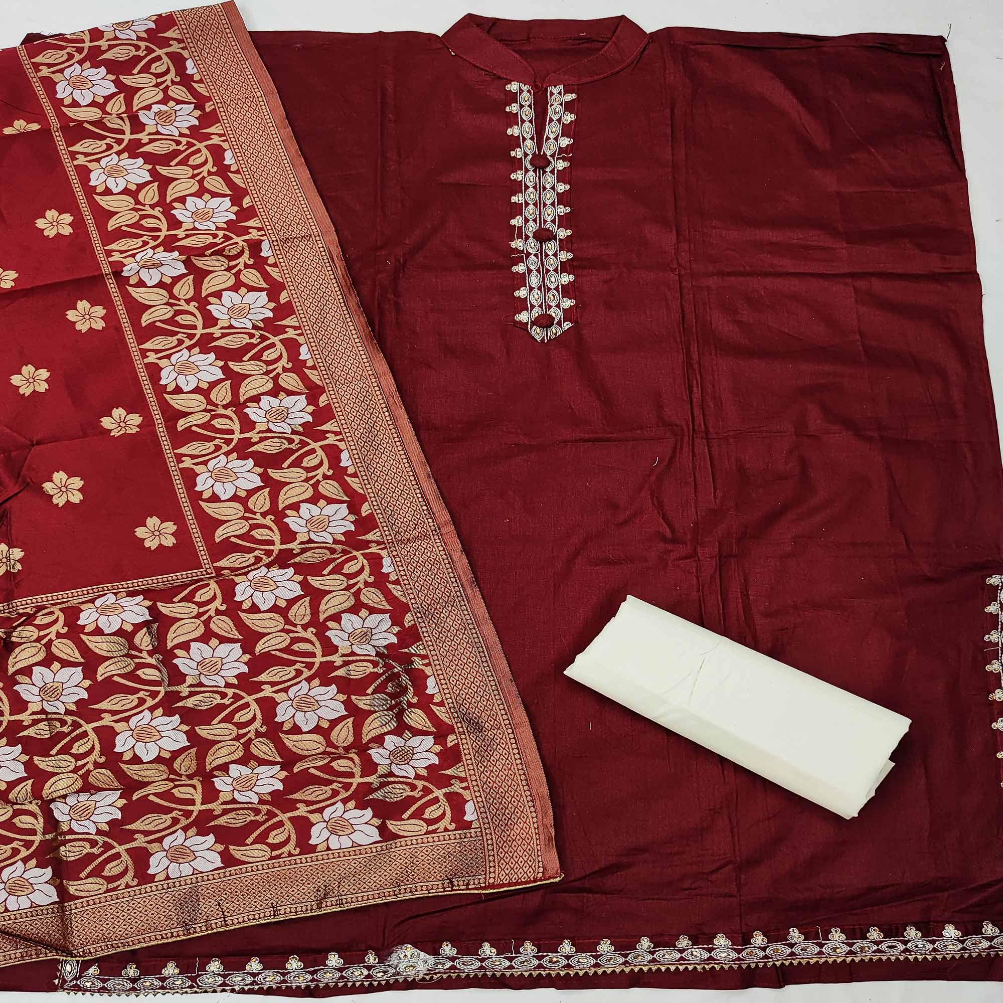 Maroon Casual Wear Floral Embroidery Cotton Dress Material - Peachmode