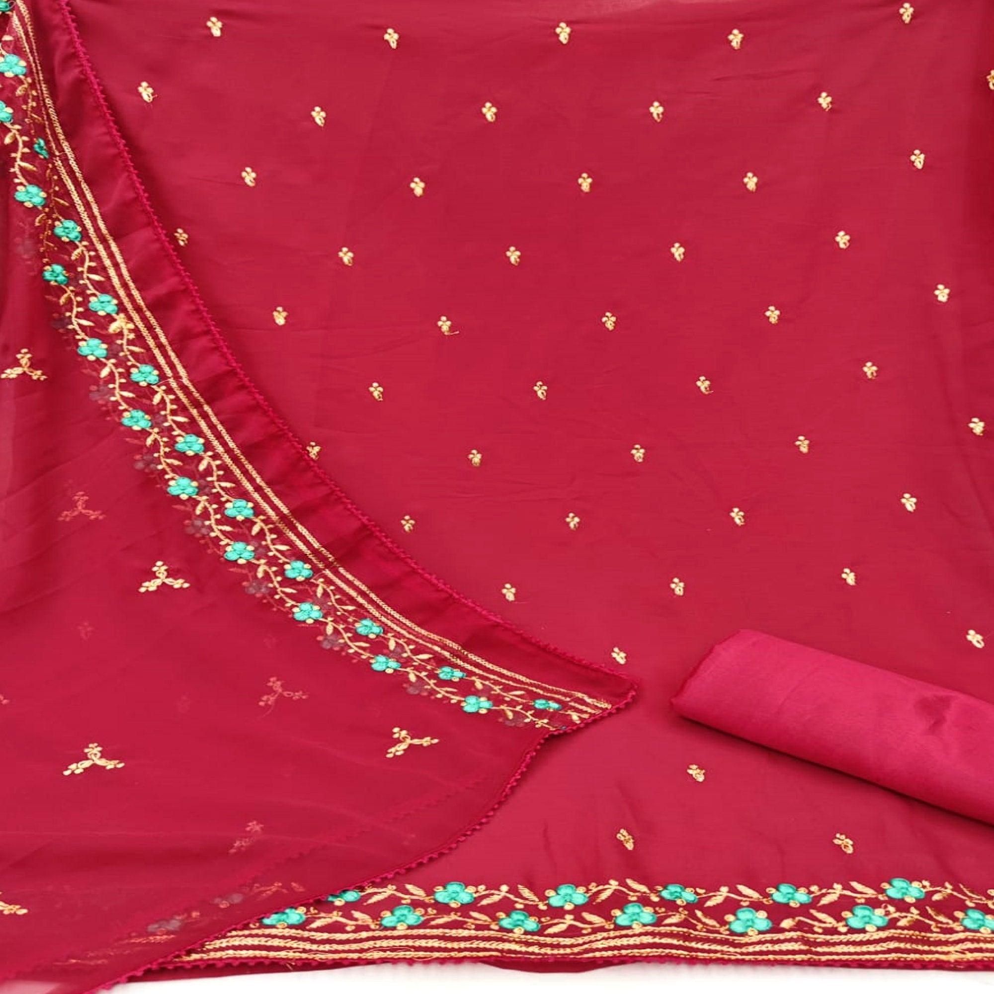 Maroon Casual Wear Floral Embroidery Work Georgette Dress Material - Peachmode