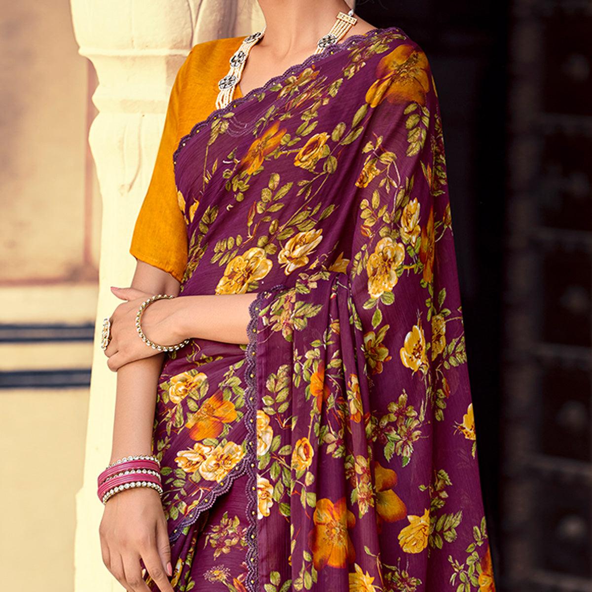 Maroon Casual Wear Floral Printed Alfino Saree With Fancy Diamond Lace - Peachmode