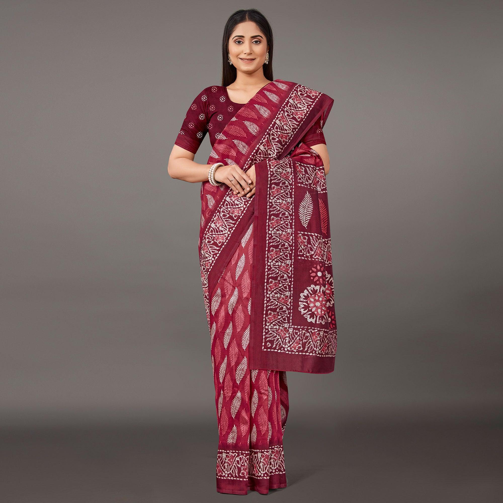 Maroon Casual Wear Floral Printed Art Silk Saree - Peachmode