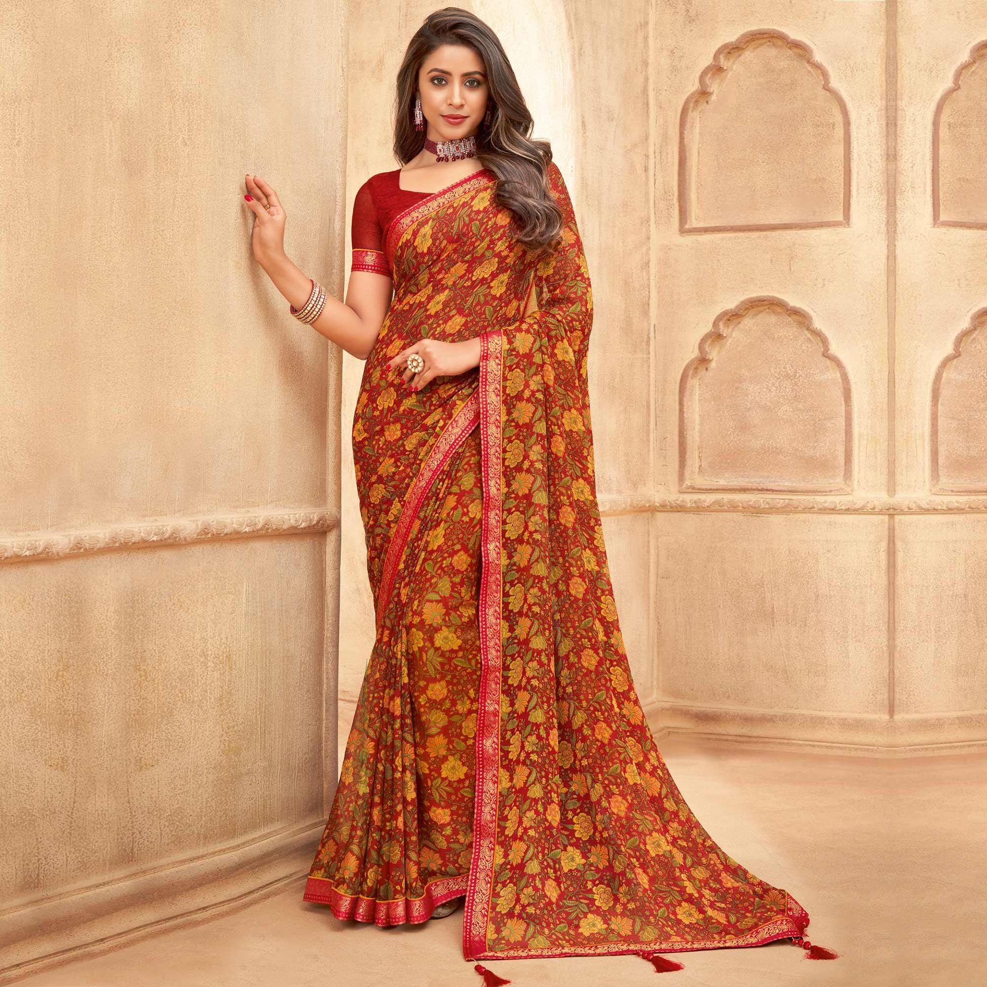 Maroon Casual Wear Floral Printed with Tassels Chiffon Saree - Peachmode