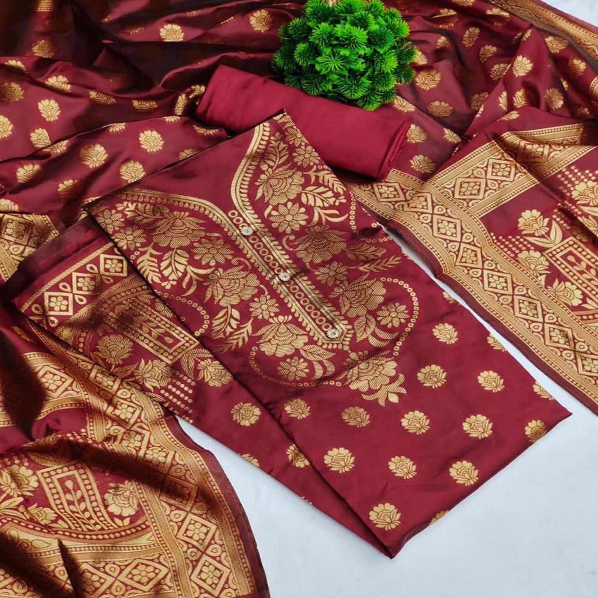 Maroon Casual Wear Floral Woven Banarasi Silk Dress Material - Peachmode