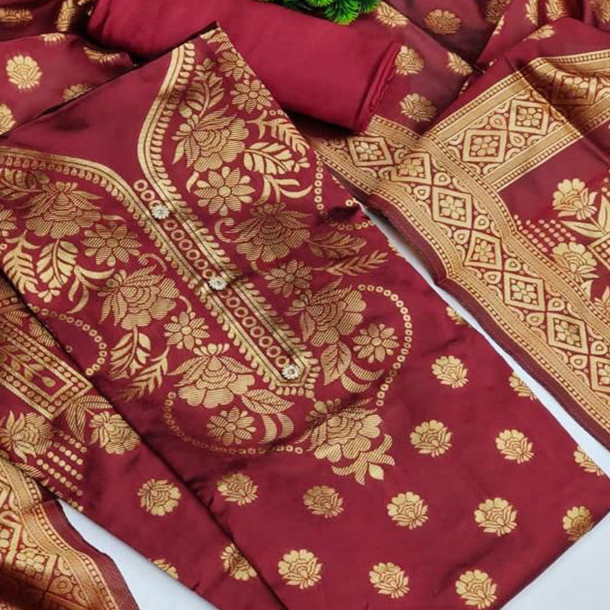 Maroon Casual Wear Floral Woven Banarasi Silk Dress Material - Peachmode