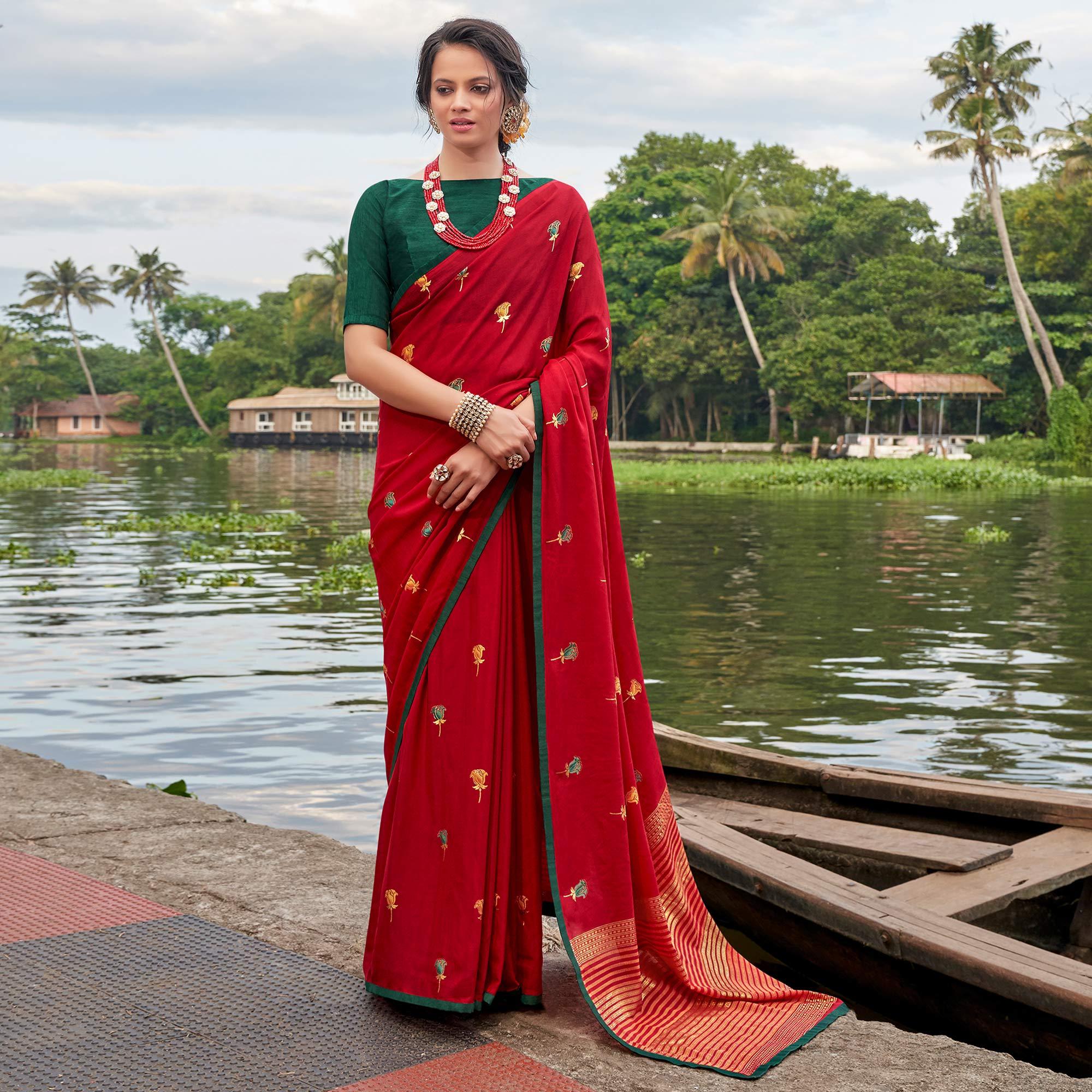 Maroon Casual Wear Foil Printed Chiffon Saree - Peachmode
