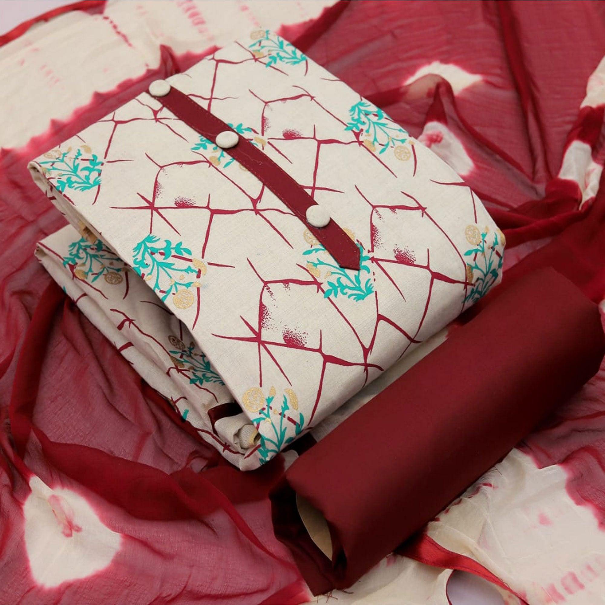 Maroon Casual Wear Foil Printed Jute Dress Material - Peachmode