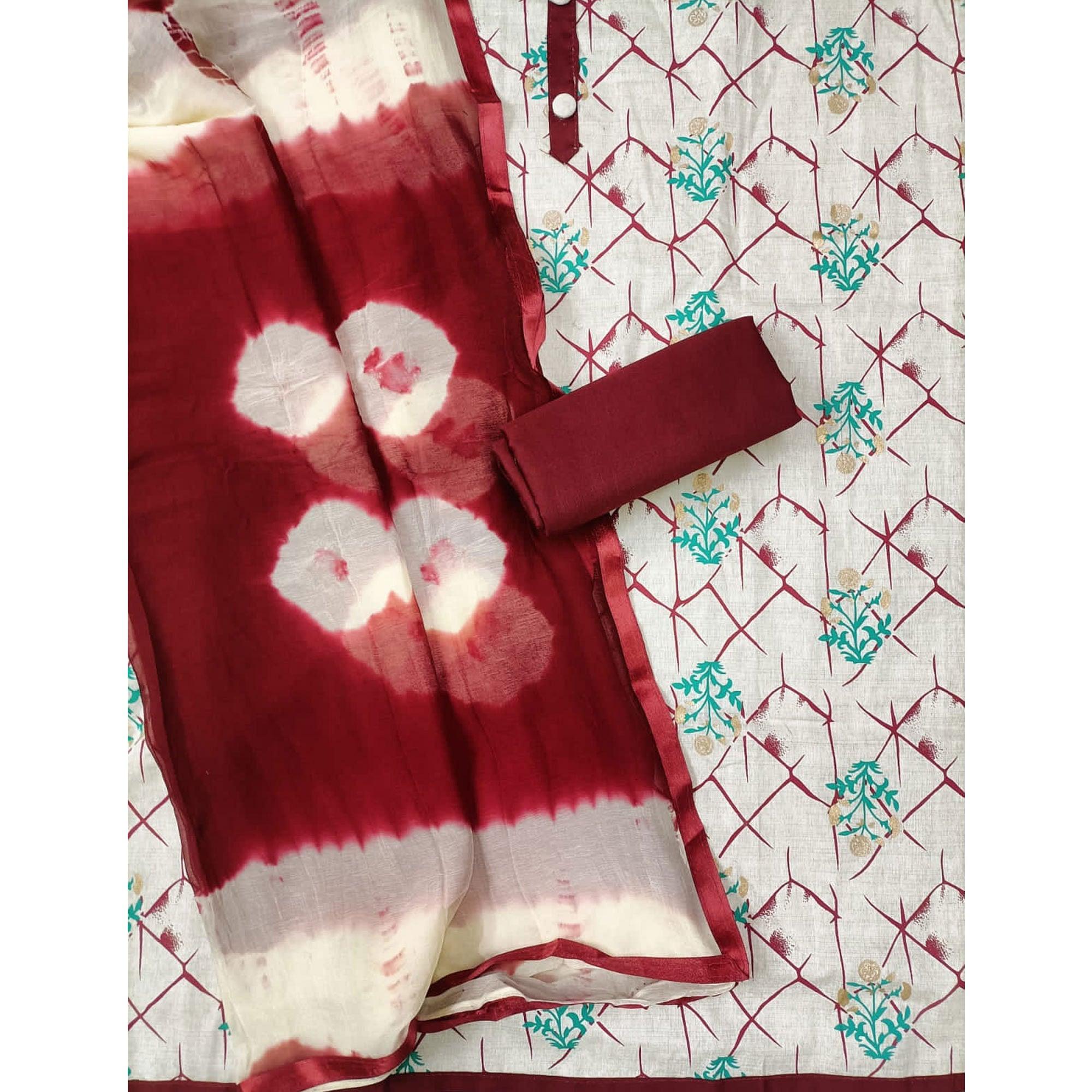 Maroon Casual Wear Foil Printed Jute Dress Material - Peachmode