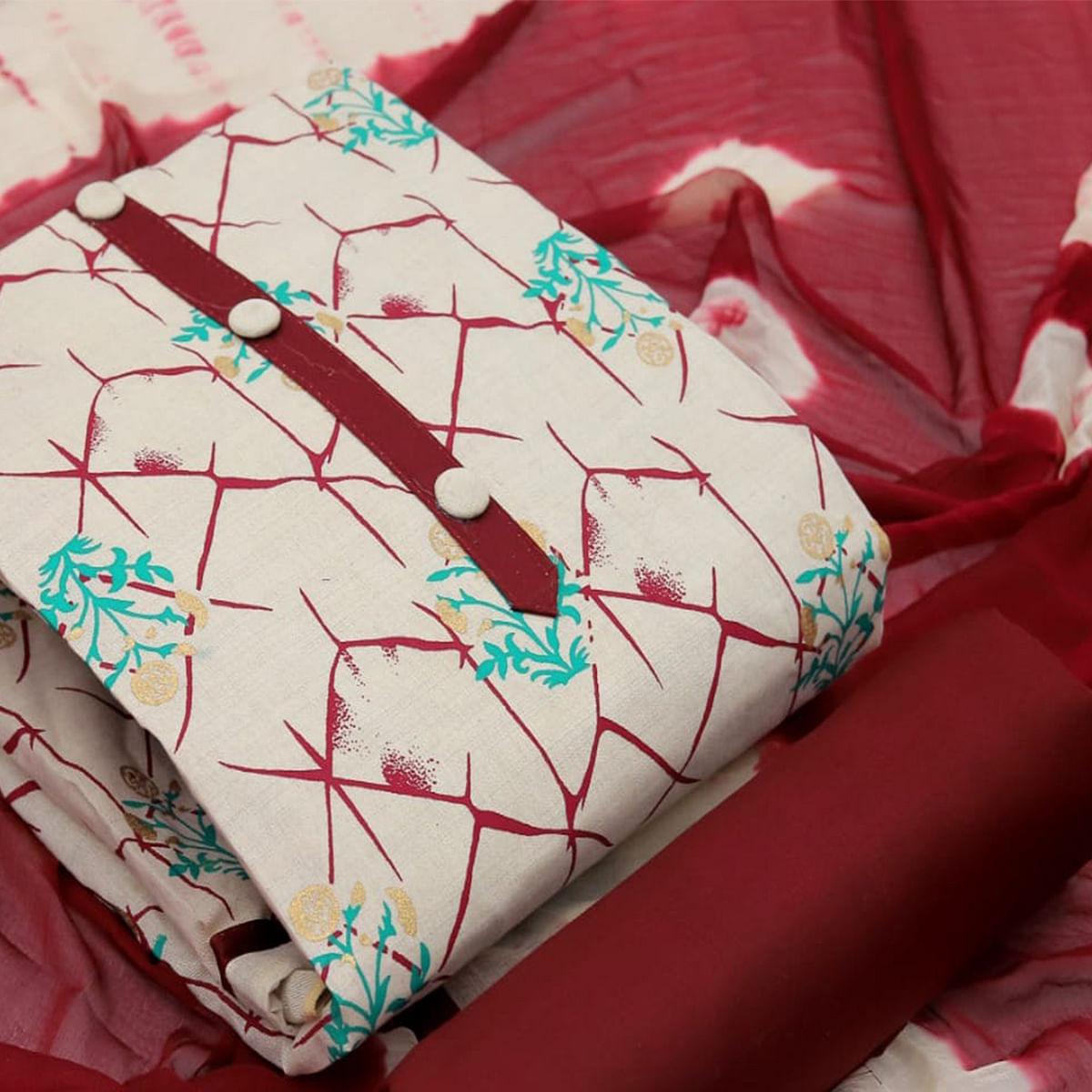 Maroon Casual Wear Foil Printed Jute Dress Material - Peachmode