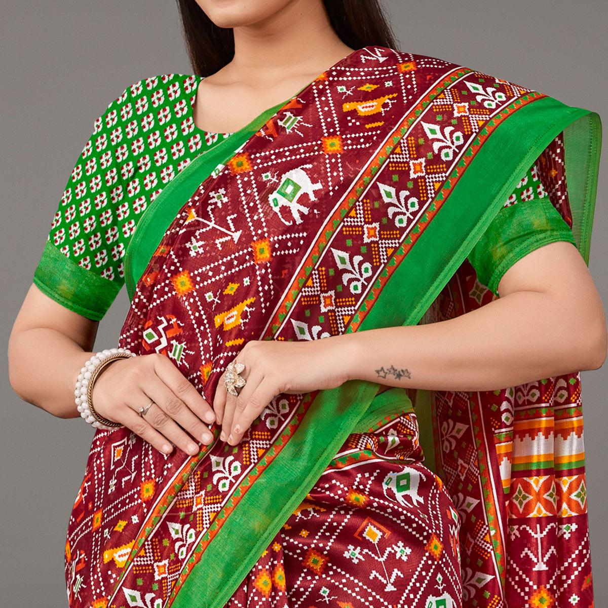 Maroon Casual Wear Geometric Printed Art Silk Saree - Peachmode