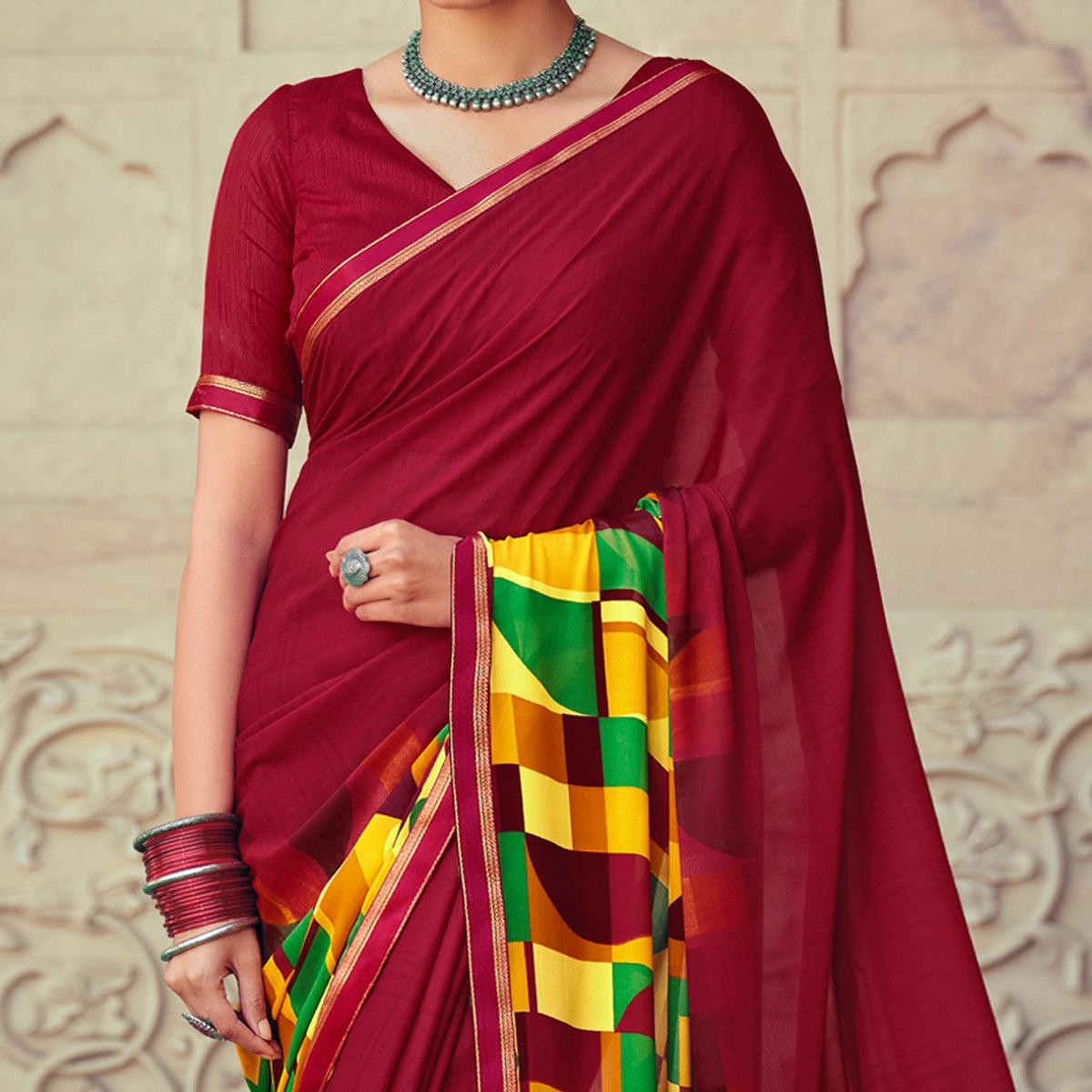 Maroon Casual Wear Geometric Printed Heavy Micro Saree - Peachmode
