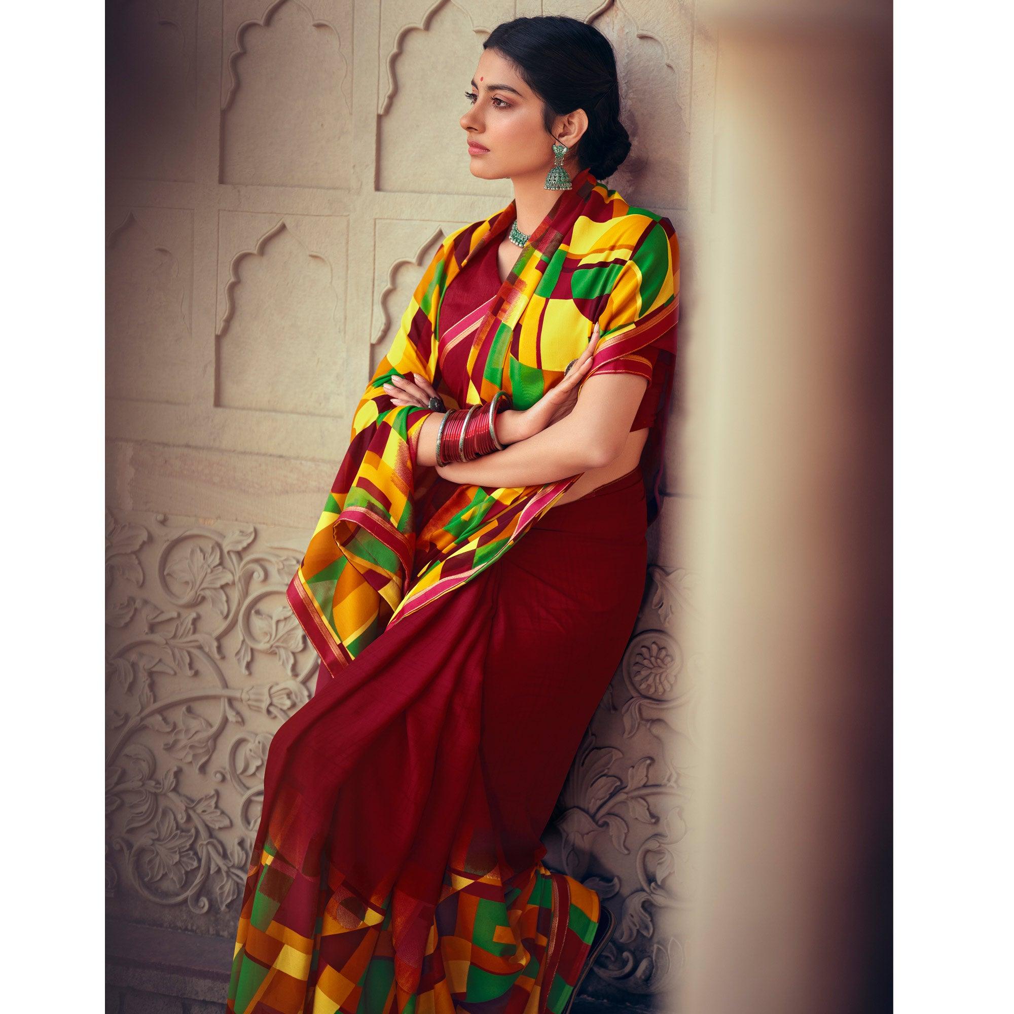 Maroon Casual Wear Geometric Printed Heavy Micro Saree - Peachmode