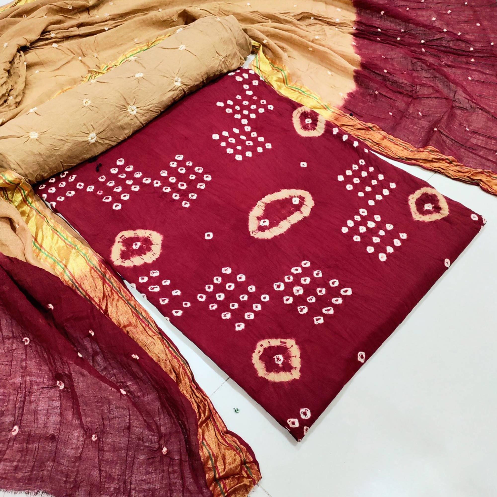 Maroon Casual Wear Hand Bandhej Cotton Dress Material - Peachmode