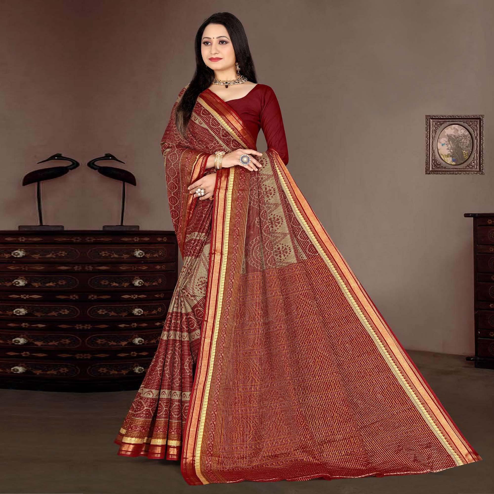Maroon Casual Wear Ikkat Printed Cotton Silk Saree - Peachmode