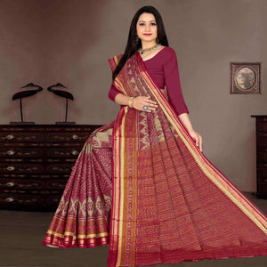 Maroon Casual Wear Ikkat Printed Cotton Silk Saree - Peachmode
