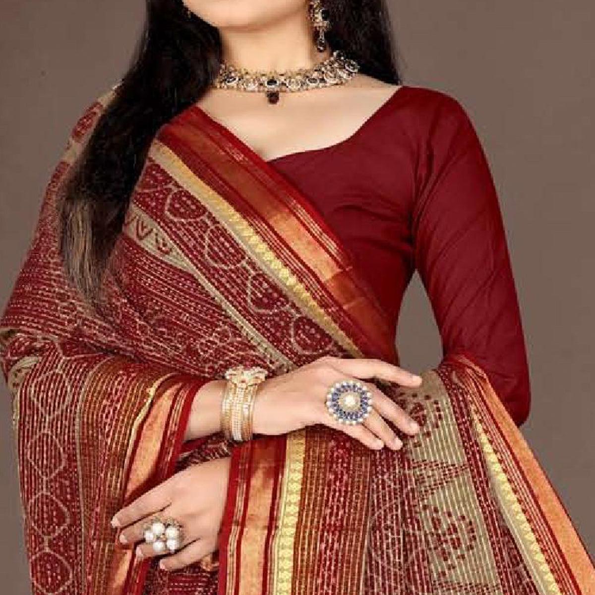 Maroon Casual Wear Ikkat Printed Cotton Silk Saree - Peachmode