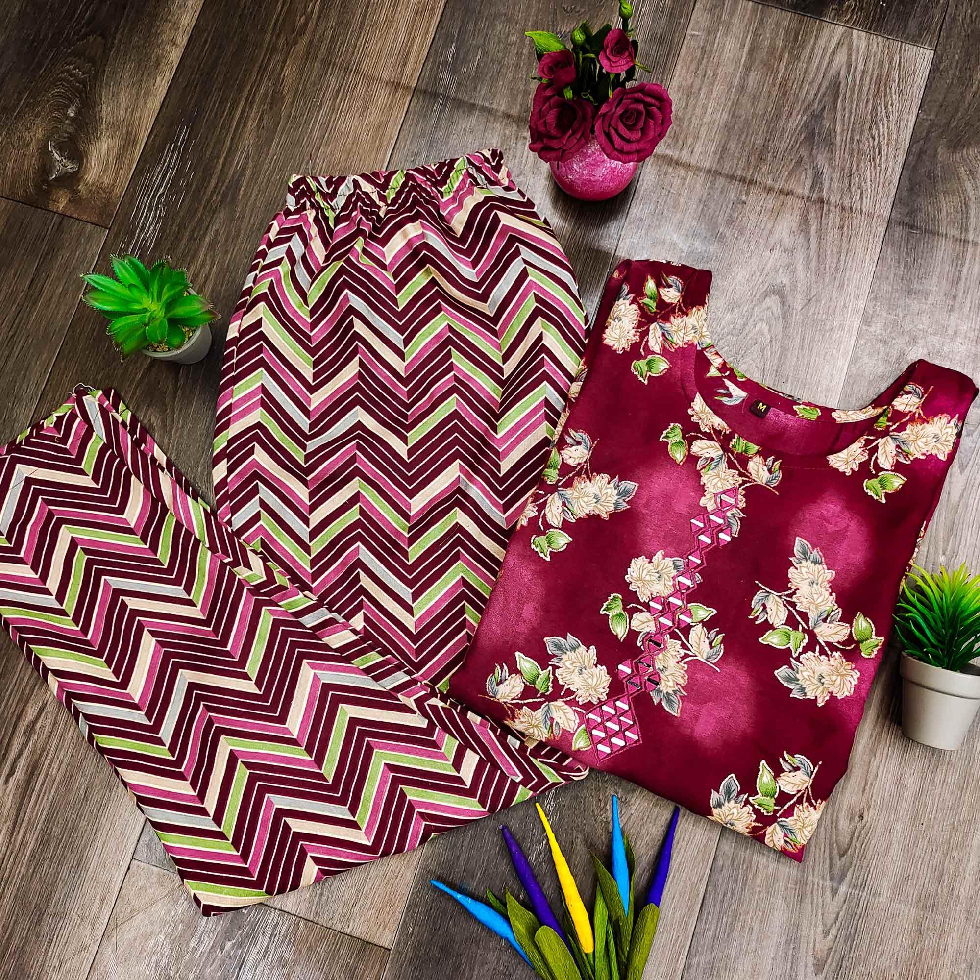Maroon Casual Wear Mirror Printed Ruby Cotton Kurti Pant Set - Peachmode
