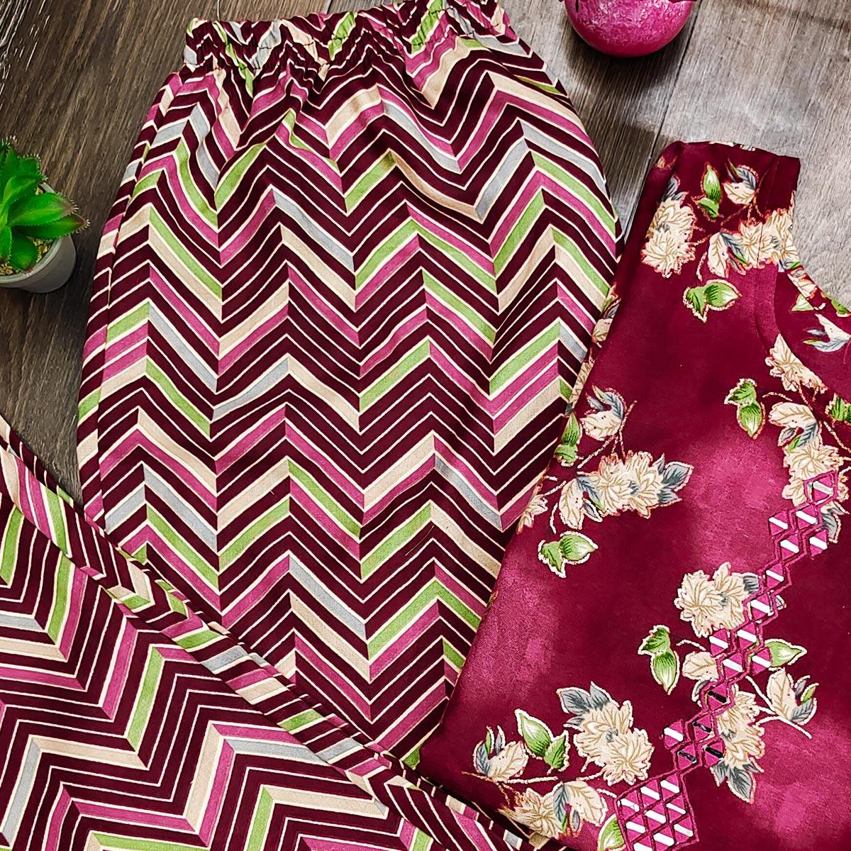 Maroon Casual Wear Mirror Printed Ruby Cotton Kurti Pant Set - Peachmode