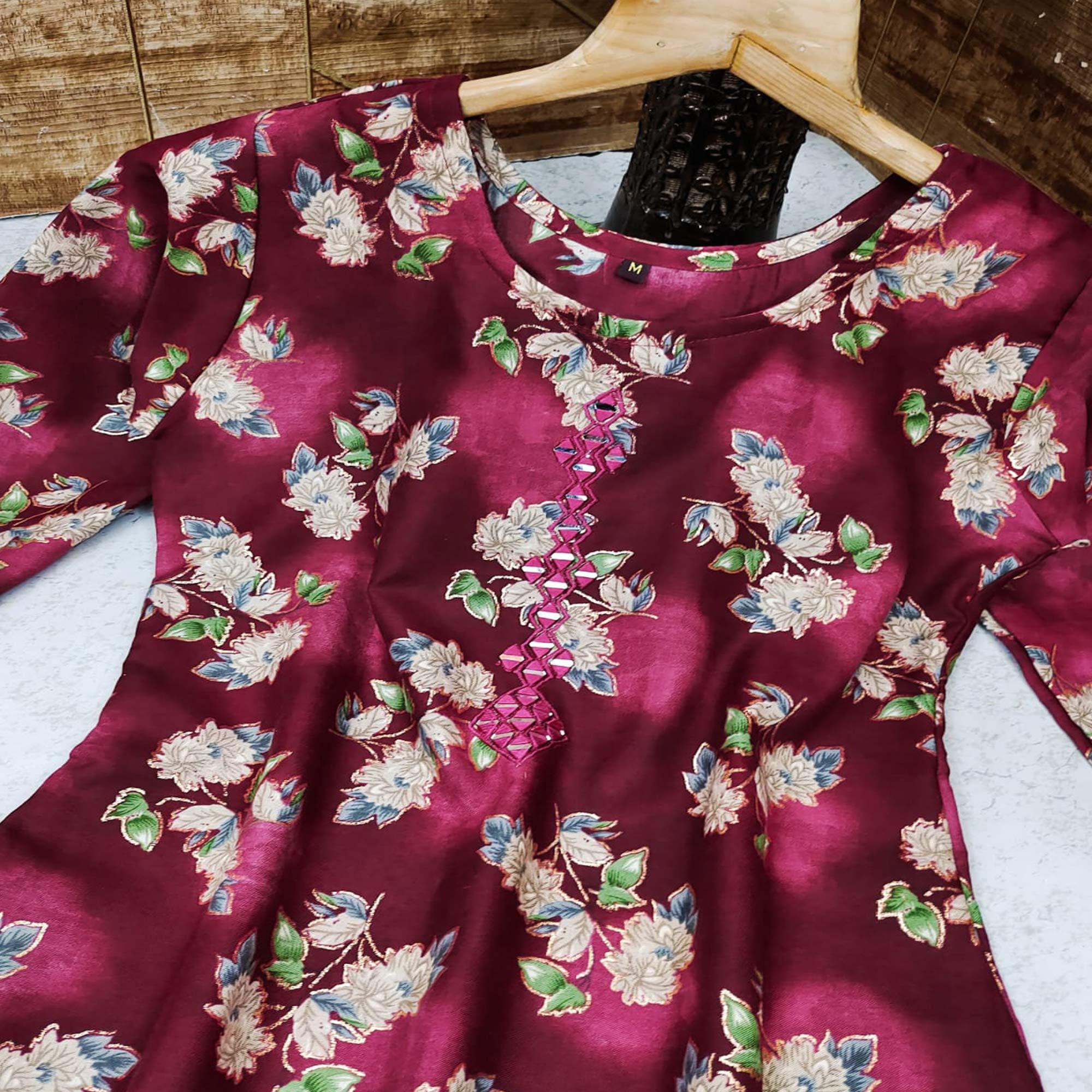 Maroon Casual Wear Mirror Printed Ruby Cotton Kurti Pant Set - Peachmode
