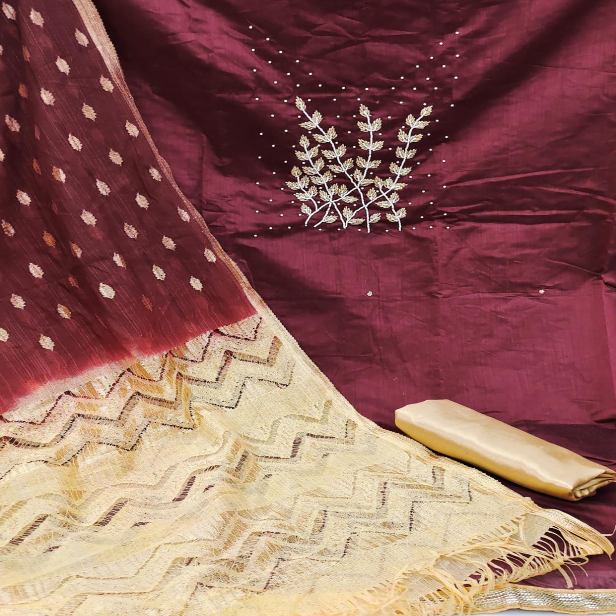 Maroon Casual Wear Pearl Handwork Modal Silk Dress Material - Peachmode