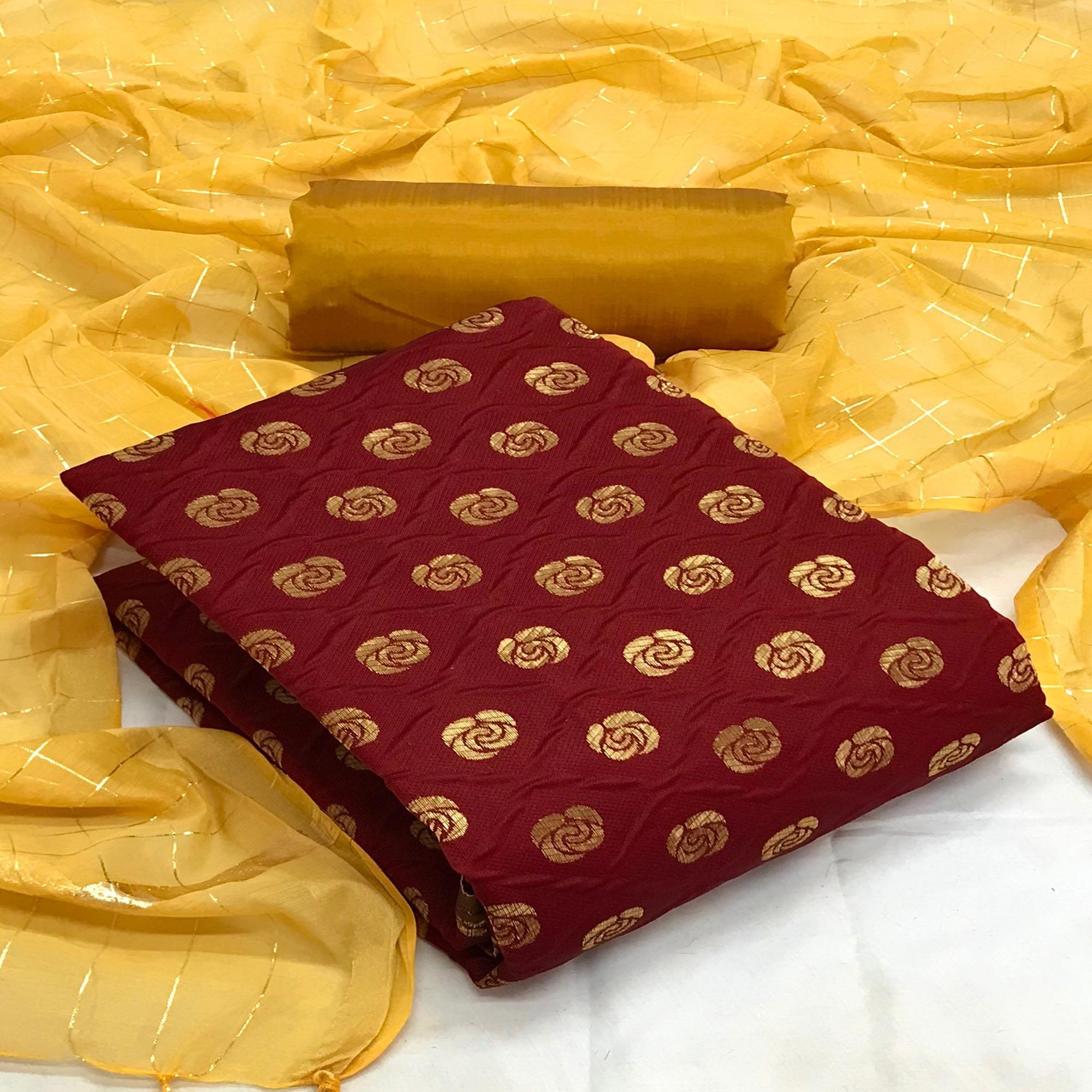 Maroon Casual Wear Printed Banarasi Silk Dress Material - Peachmode