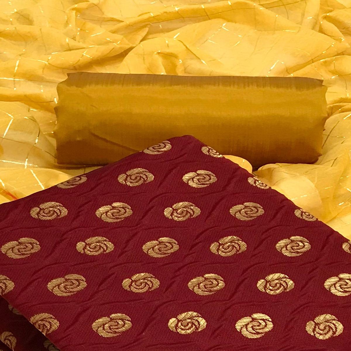 Maroon Casual Wear Printed Banarasi Silk Dress Material - Peachmode