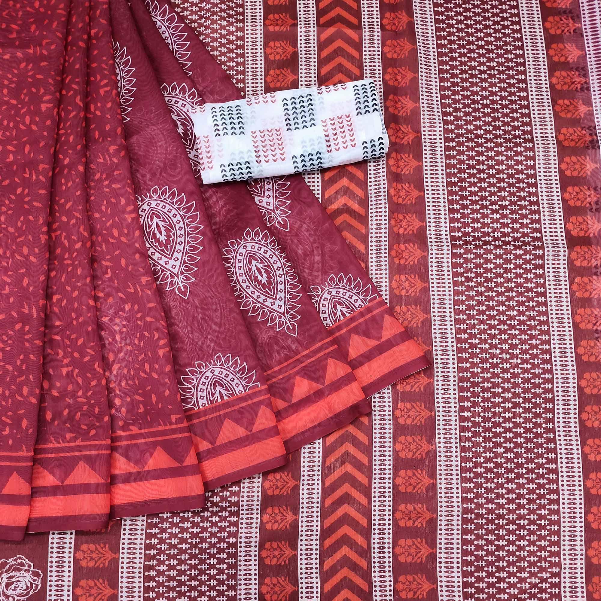 Maroon Casual Wear Printed Chanderi Saree - Peachmode