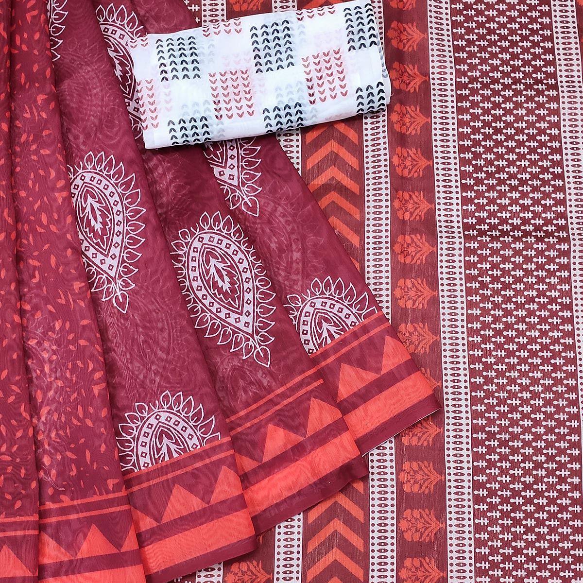 Maroon Casual Wear Printed Chanderi Saree - Peachmode