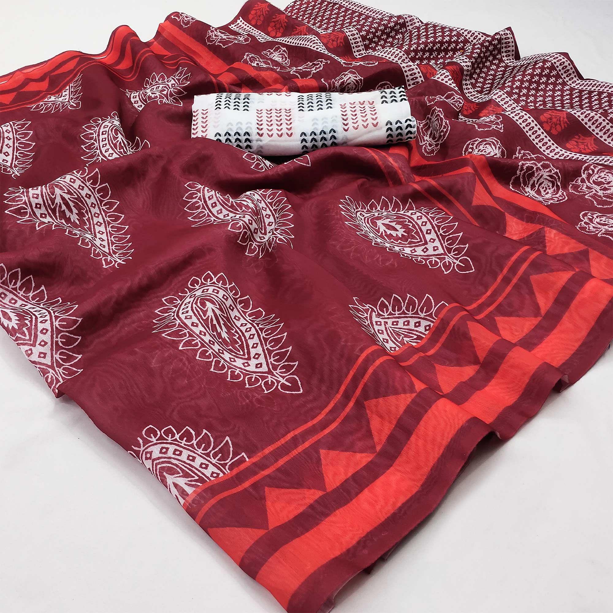Maroon Casual Wear Printed Chanderi Saree - Peachmode