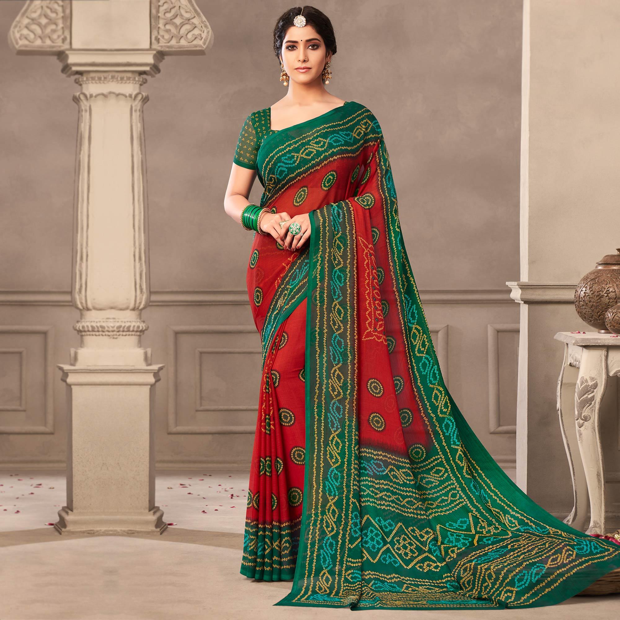 Maroon Casual Wear Printed Chiffon Saree - Peachmode