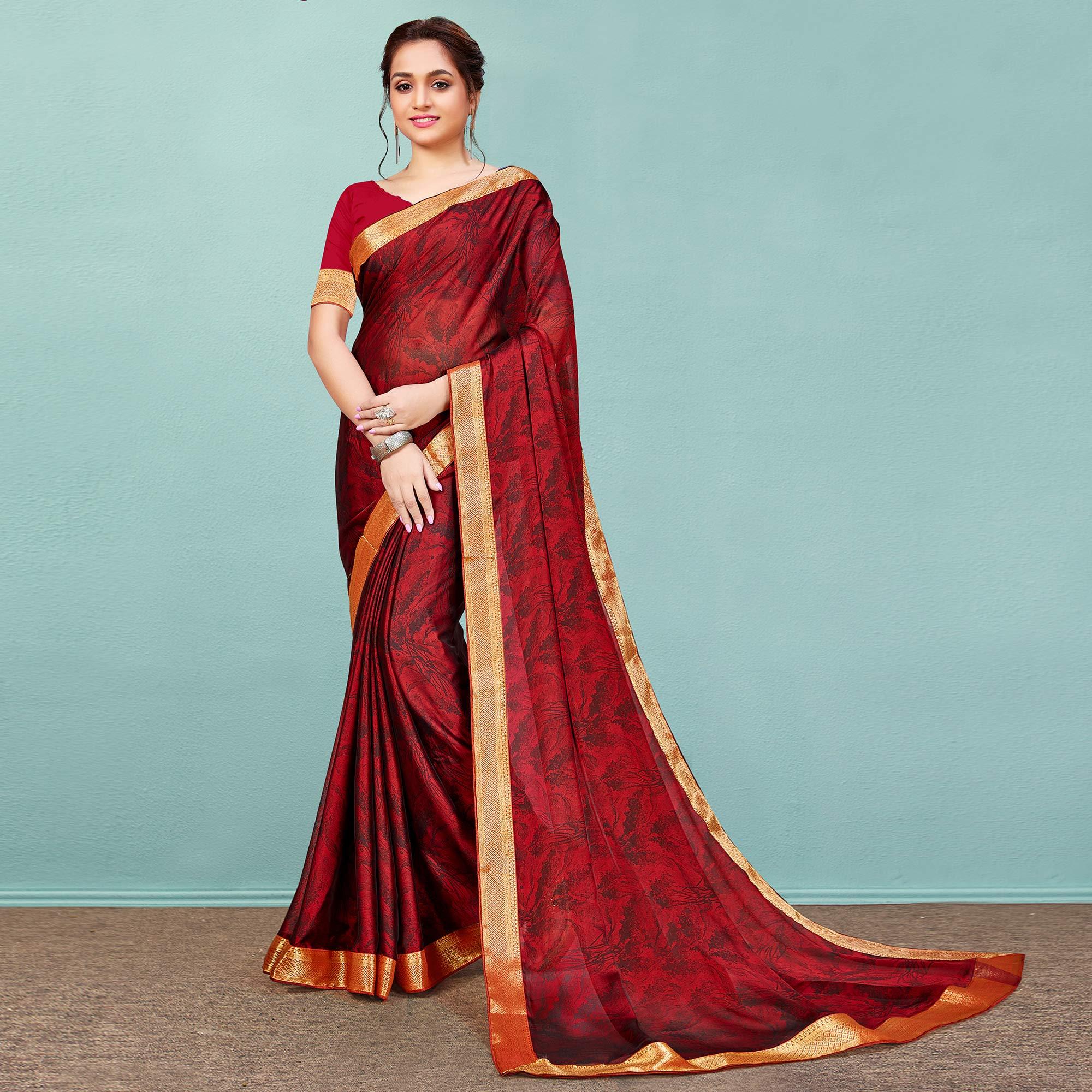 Maroon Casual Wear Printed Chiffon Saree With Banarasi Lace - Peachmode