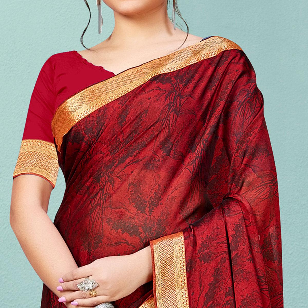 Maroon Casual Wear Printed Chiffon Saree With Banarasi Lace - Peachmode
