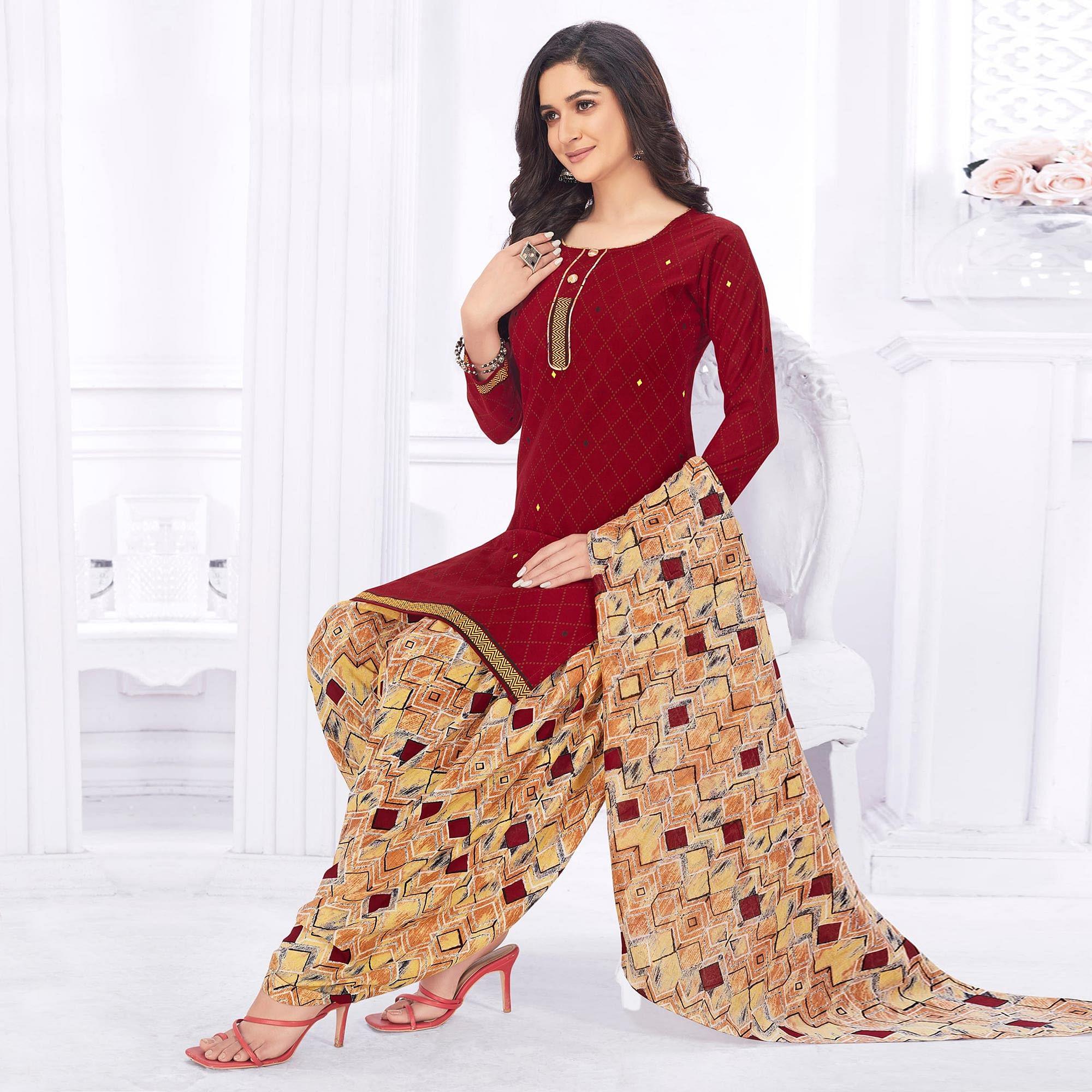 Maroon Casual Wear Printed Cotton Dress Material - Peachmode
