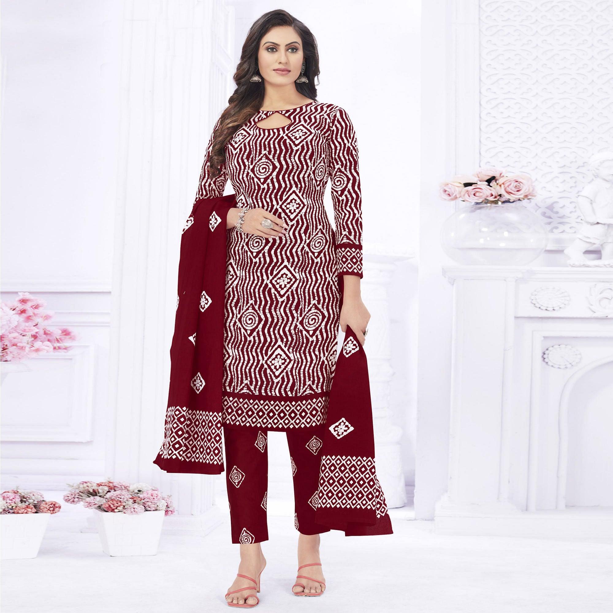 Maroon Casual Wear Printed Cotton Dress Material - Peachmode