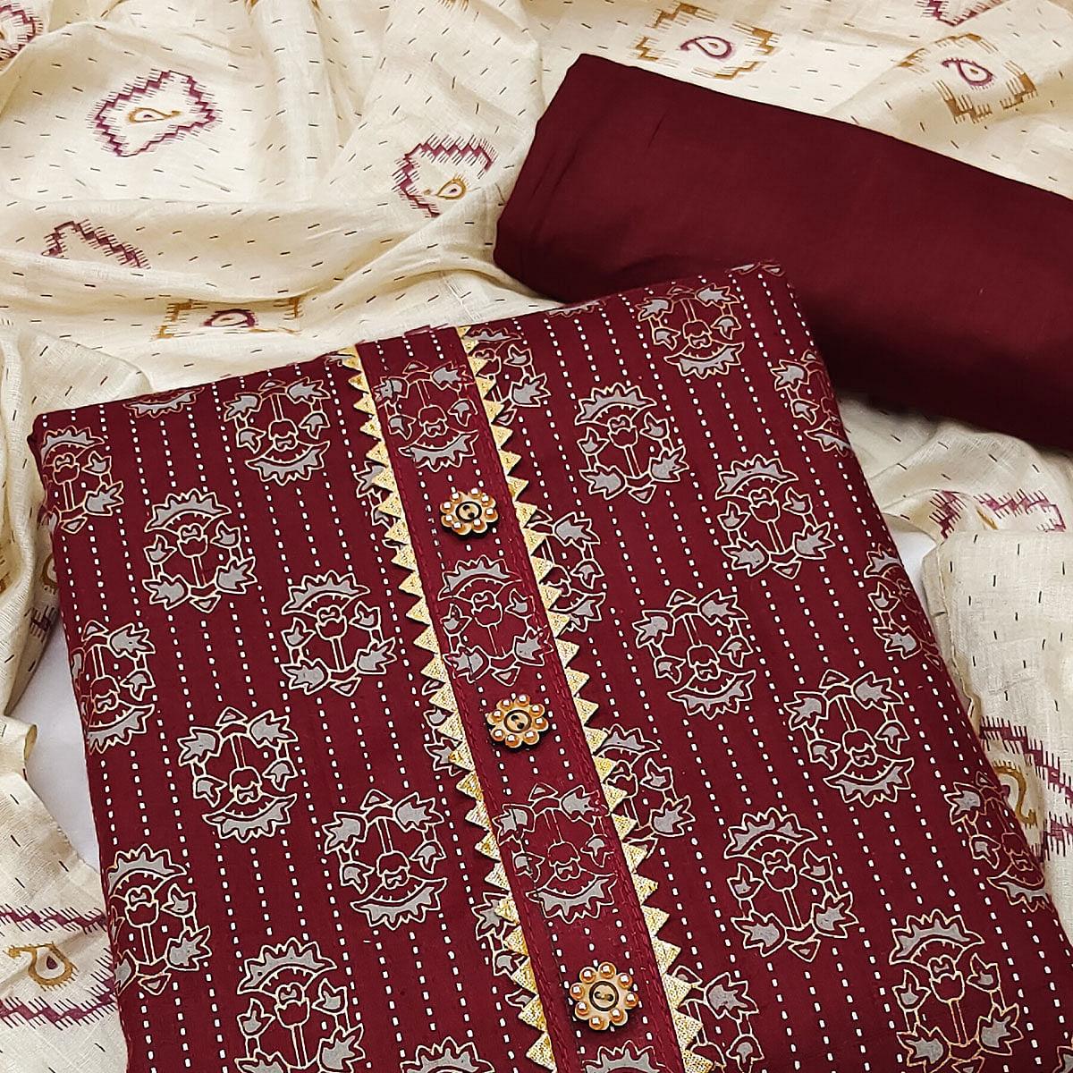 Maroon Casual Wear Printed Cotton Dress Material - Peachmode