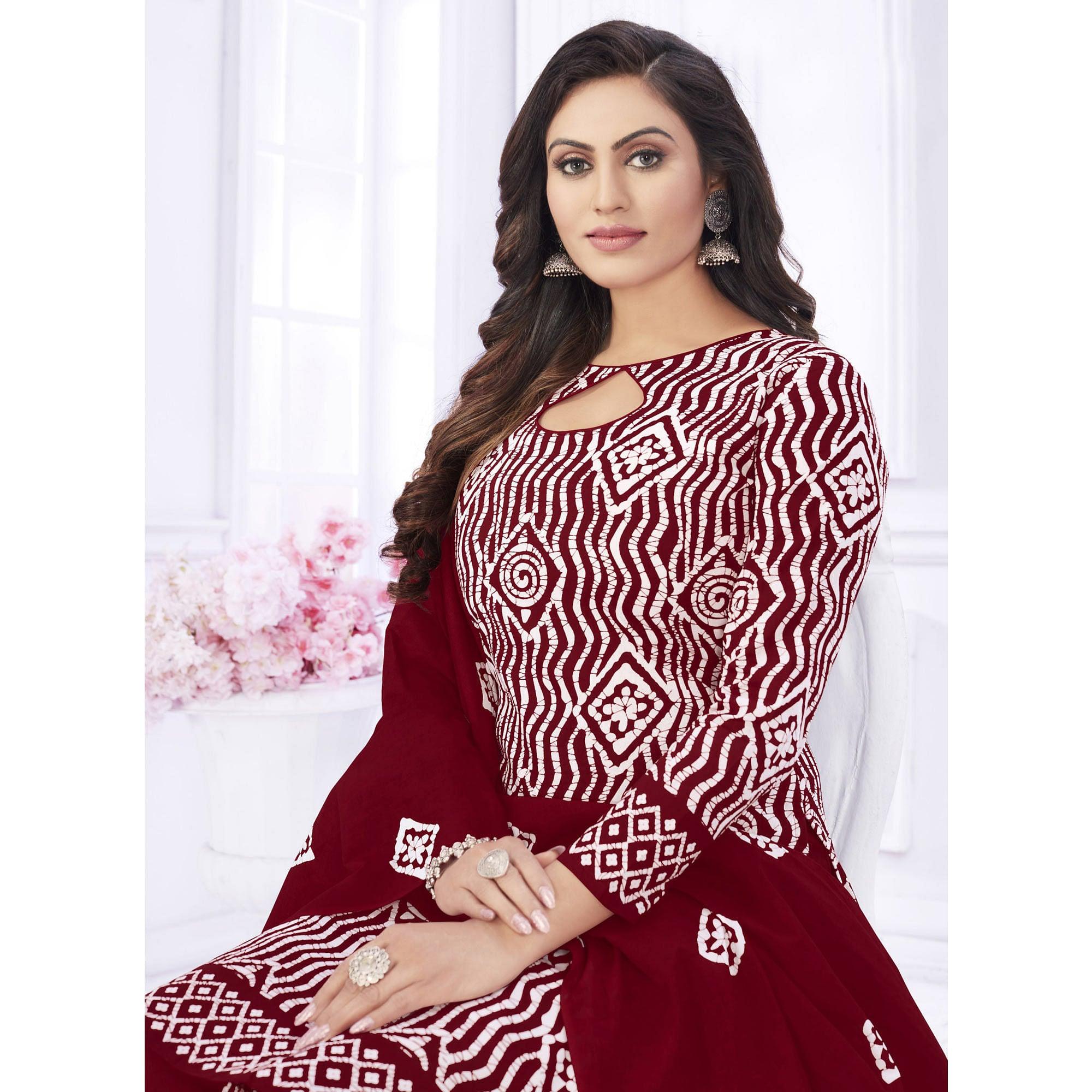 Maroon Casual Wear Printed Cotton Dress Material - Peachmode