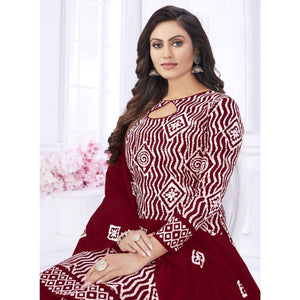 Maroon Casual Wear Printed Cotton Dress Material - Peachmode