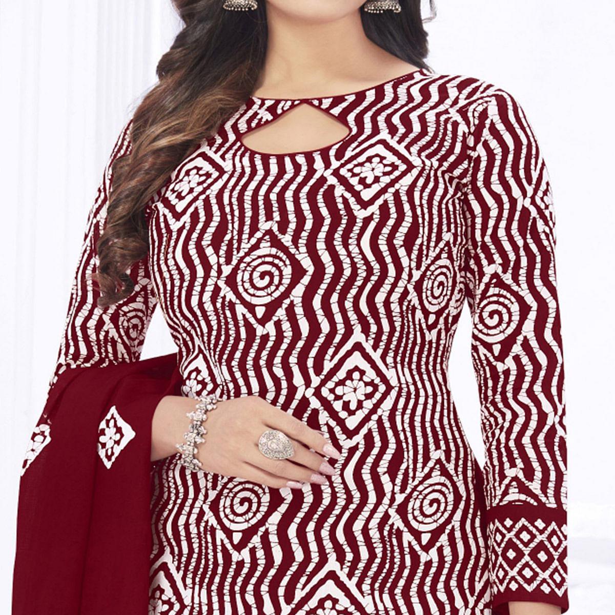 Maroon Casual Wear Printed Cotton Dress Material - Peachmode