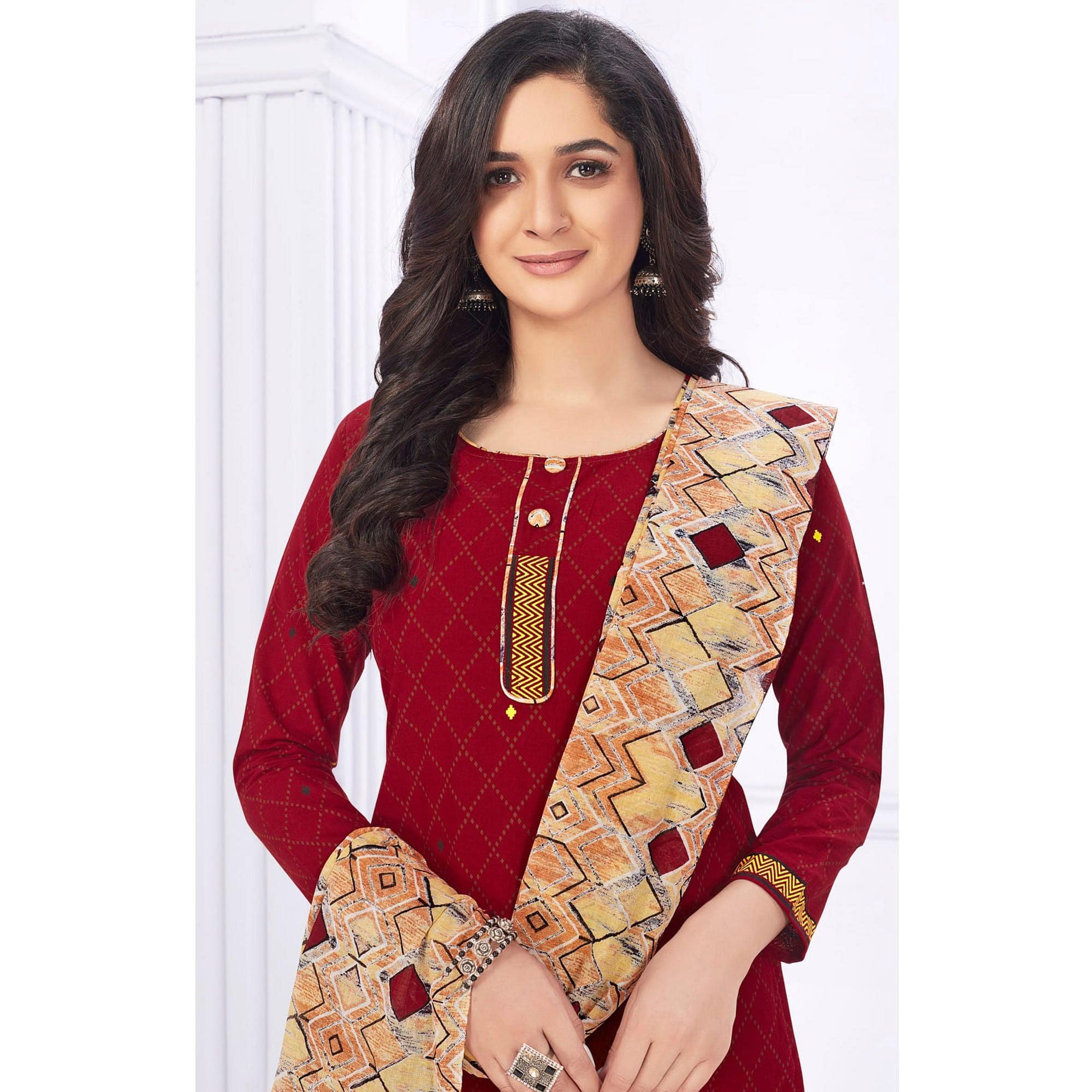 Maroon Casual Wear Printed Cotton Dress Material - Peachmode
