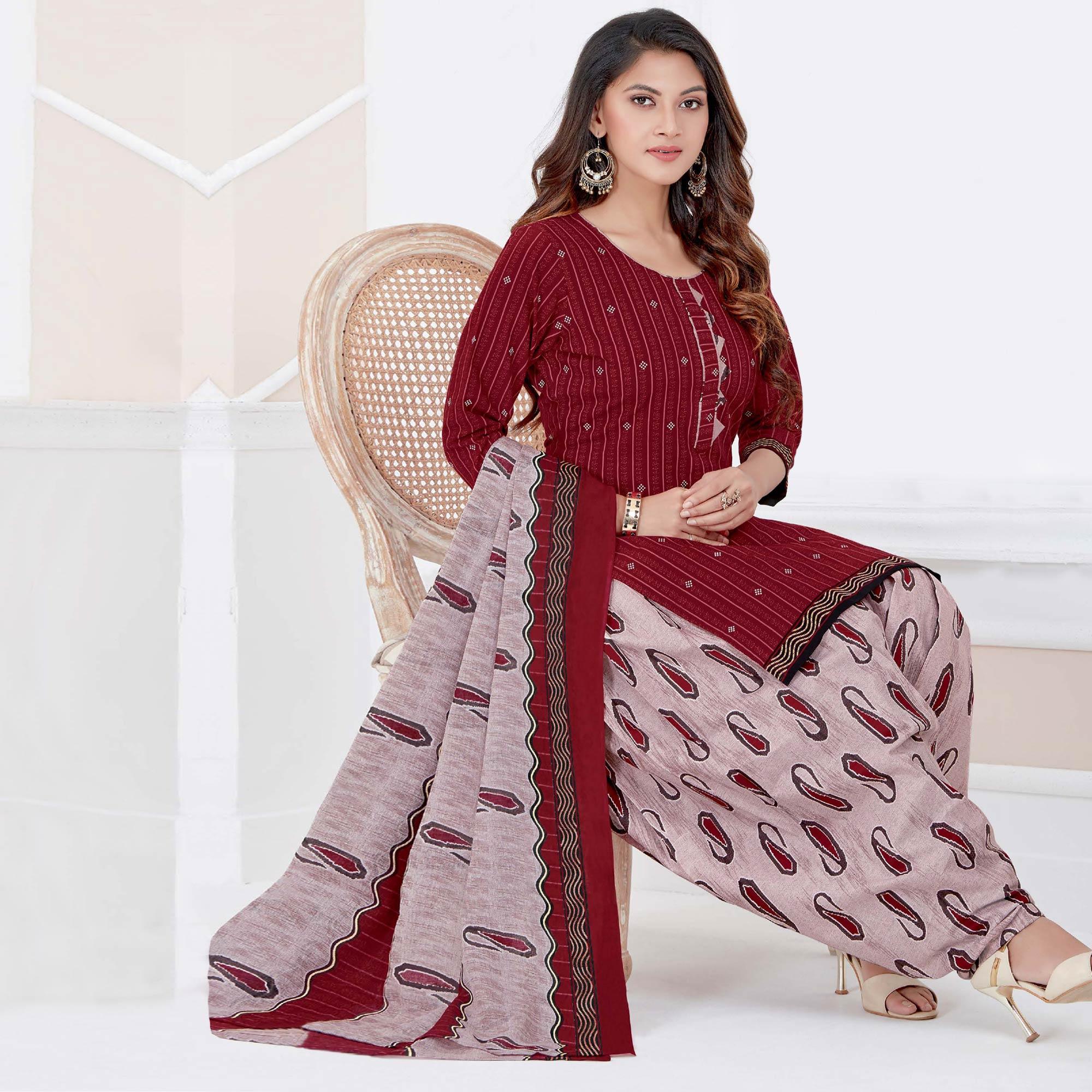 Maroon Casual Wear Printed Cotton Patiala Dress Material - Peachmode