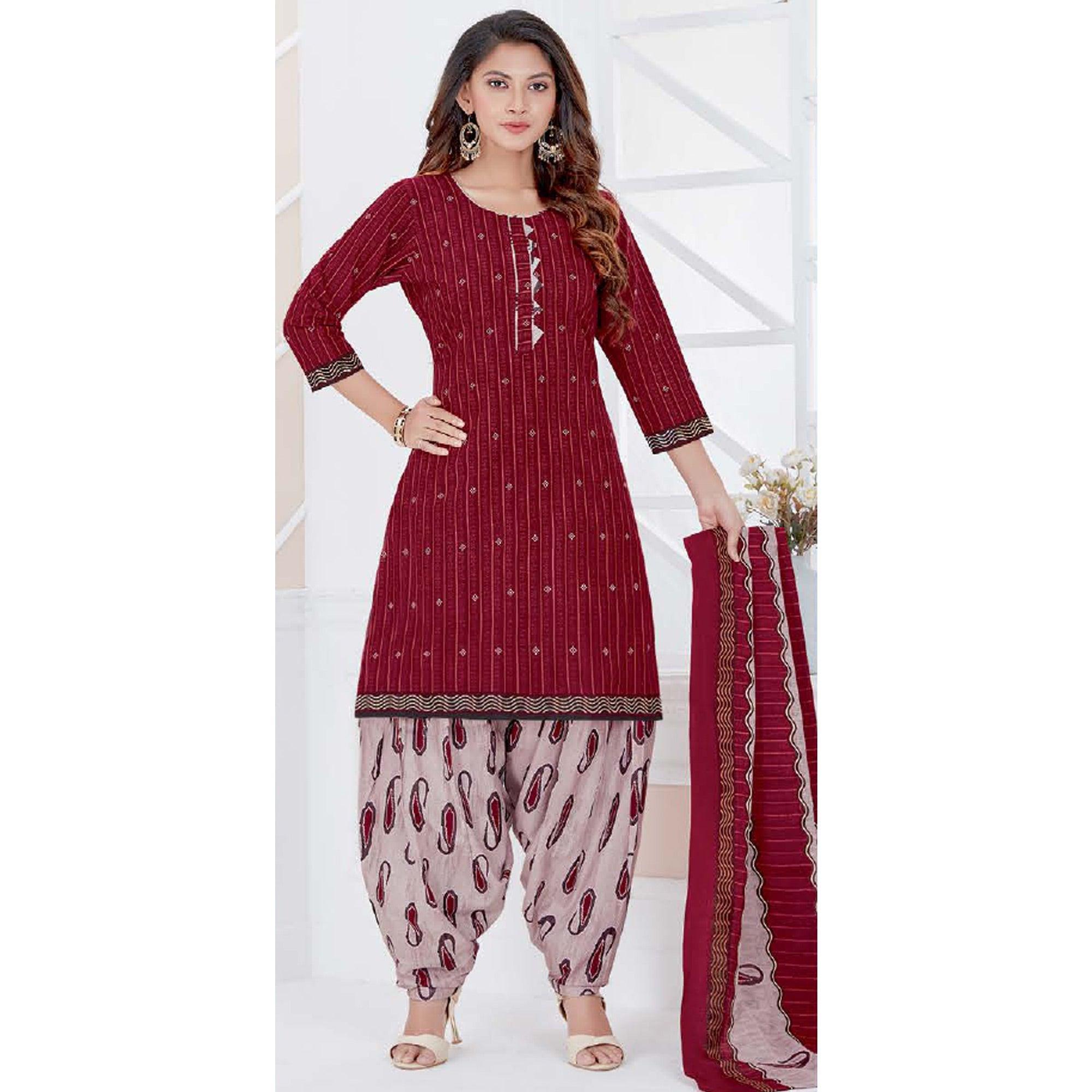 Maroon Casual Wear Printed Cotton Patiala Dress Material - Peachmode