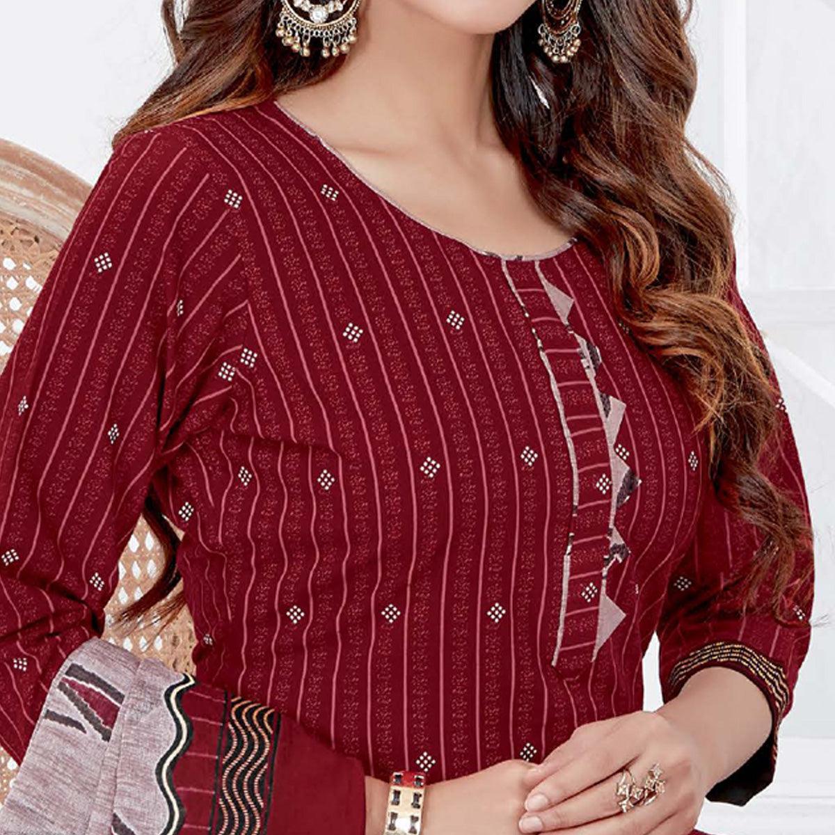 Maroon Casual Wear Printed Cotton Patiala Dress Material - Peachmode