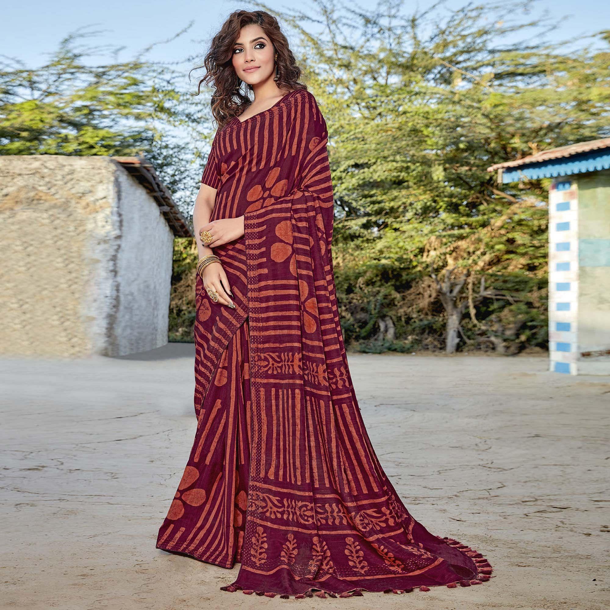 Maroon Casual Wear Printed Cotton Silk Saree - Peachmode