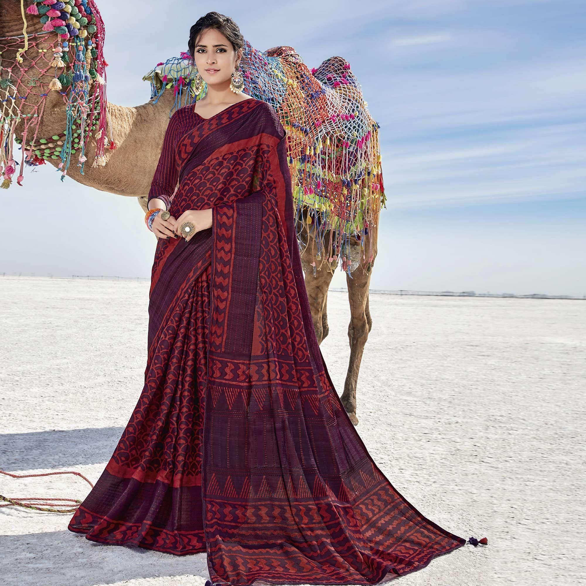 Maroon Casual Wear Printed Cotton Silk Saree - Peachmode