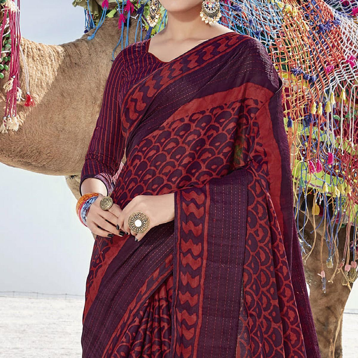 Maroon Casual Wear Printed Cotton Silk Saree - Peachmode