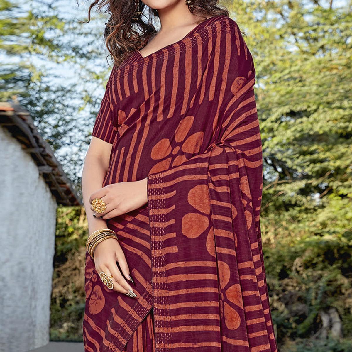 Maroon Casual Wear Printed Cotton Silk Saree - Peachmode