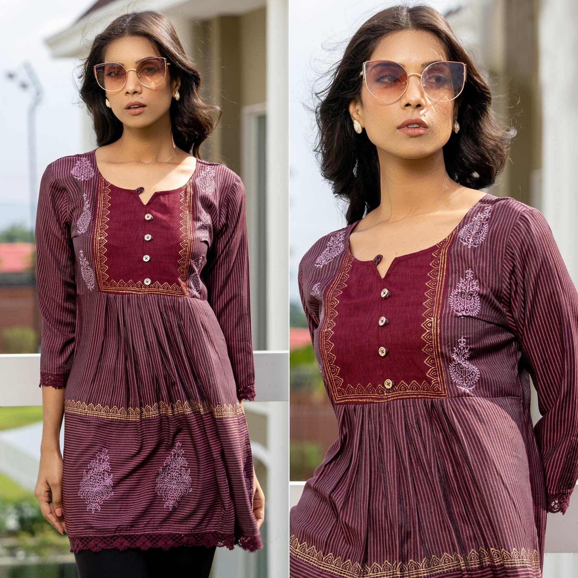 Maroon Casual Wear Printed Cotton Top - Peachmode